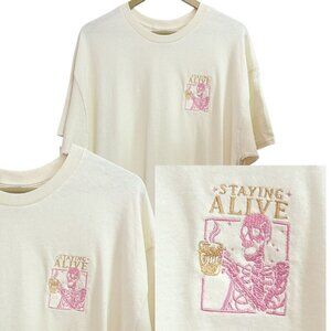 STAYING ALIVE Coffee Skeleton Embroidery Short Sleeve T-Shirt​